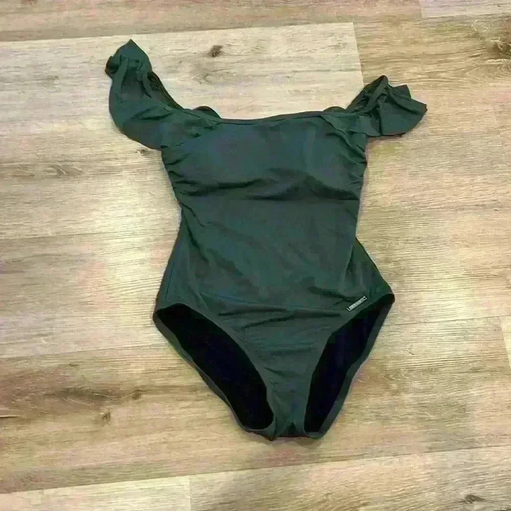 Vince camuto green one piece swimsuit ruffle shoulder strap